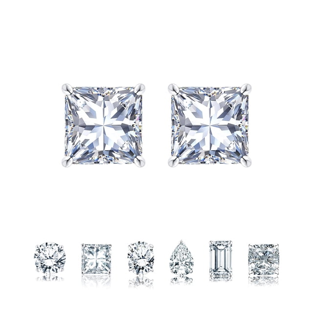 JeenMata Aros Tipo Botón Solitario de 4 Puntas con Moissanita de Corte Princesa de 0,5 Quilates en Baño de Oro Blanco de 18 K sobre Plata