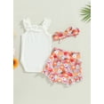 thumbnail image 4 of Wassery Baby Infant Girls Summer Outfits Sleeveless  Ruffle Hanging Neck Tops with Floral Casual Elastic Ruffle Shorts and Headband 3Pcs Set 0-18M, 4 of 9