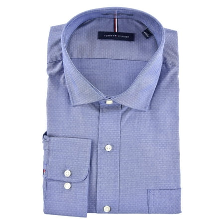 Tommy Hilfiger Mens Regular Fit Stretch Dress Shirt Non-Iron Cotton Indigo Dots