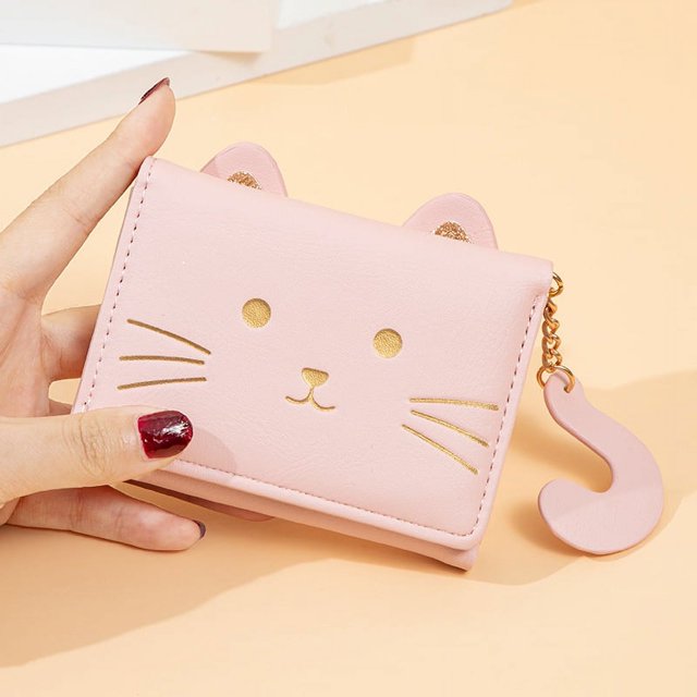 Cartera pequeña plegable para mujer, bonita cartera con diseño de gato fresco, monedero con dibujos animados para varias tarjetas, cartera para estudiantes