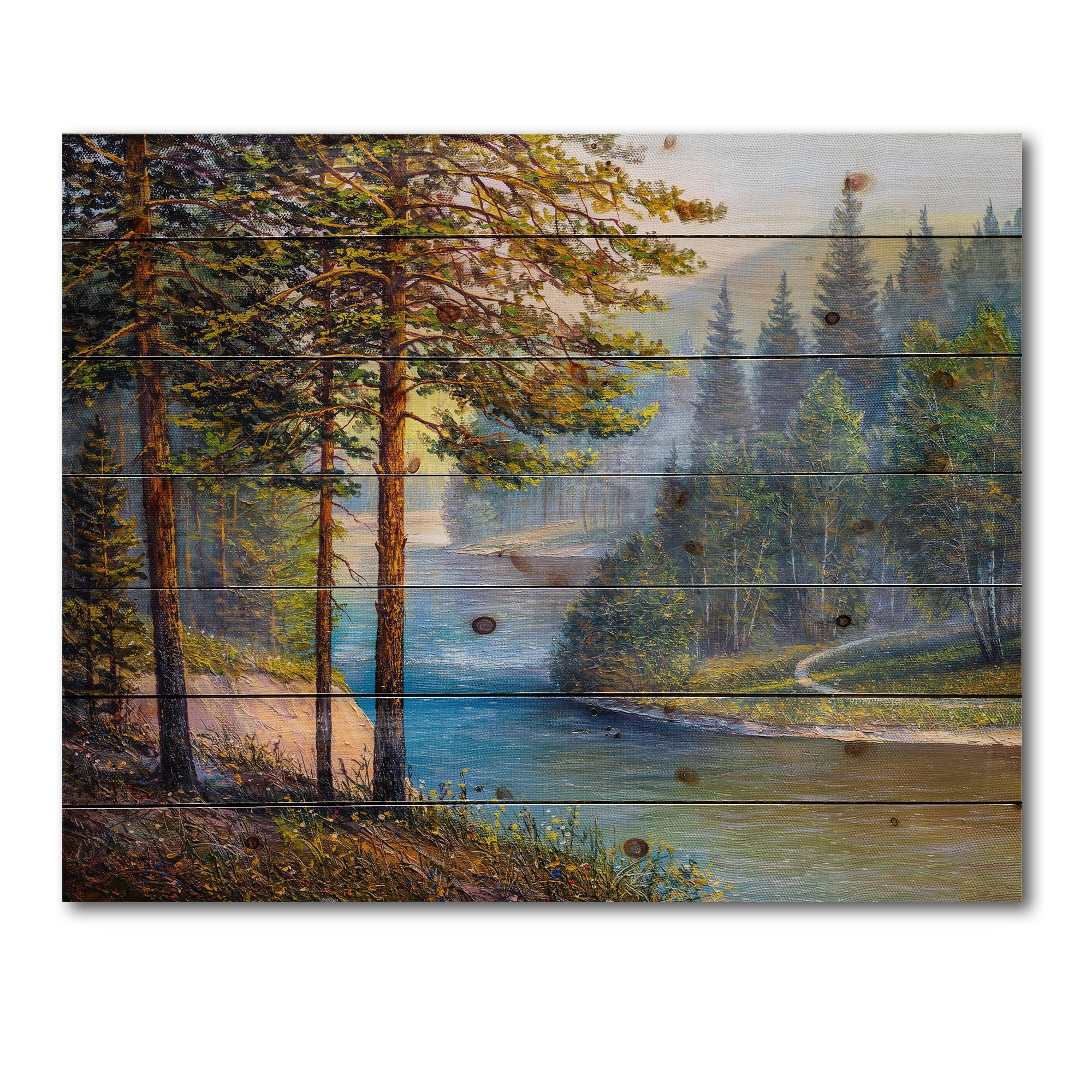 Designart 'Sunrise Glow Through The Pine & Fir Forest' Lake House Print on Natural Pine Wood