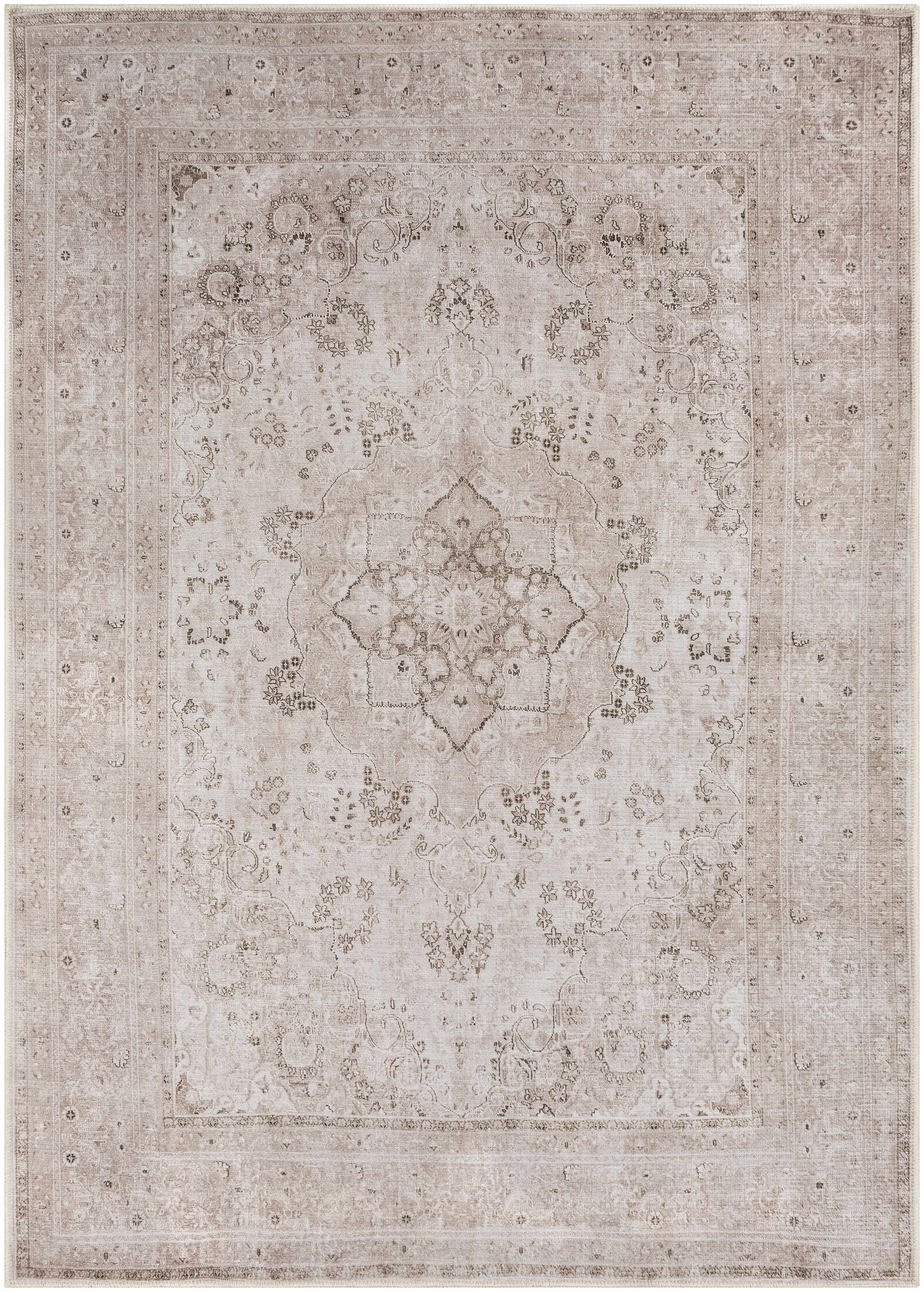 Hauteloom Bethany Traditional Medallion Living Room Bedroom Neutral Area Rug - Machine Washable - Vintage Distressed Faded - Boho Bohemian - Beige, Light Pink, Green - 6'7" x 9'