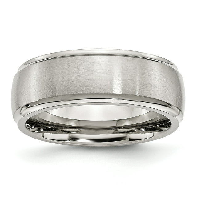 Stainless Steel Ridged Edge 8mm Brushed and Polished Band Ring 13.5 Size