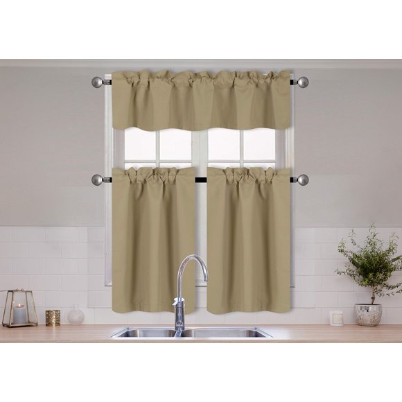 Better Home Style 3 Piece Solid Color 100% Blackout Kitchen Window Curtain Set with Tiers and Valance Solid Energy Efficient Thermal Room Darkening Drape Window Treatment # MKC (Taupe)