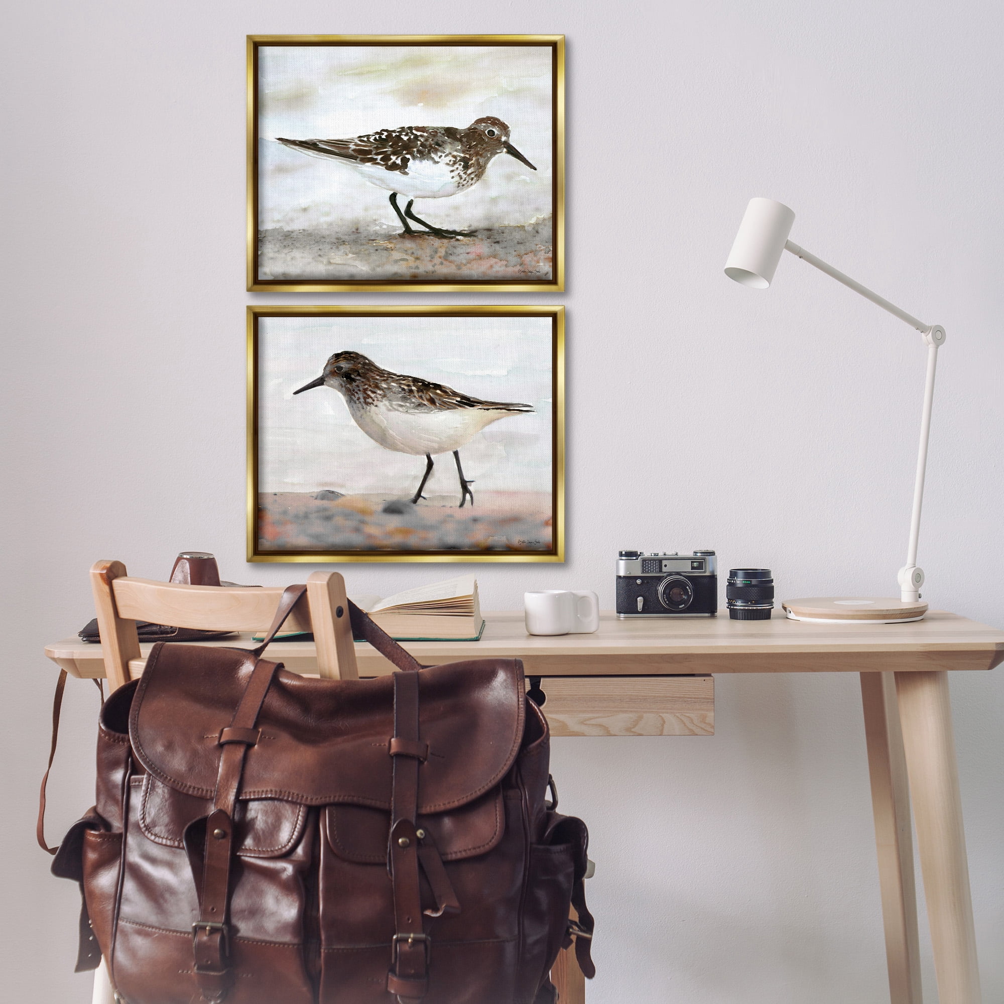 Stupell Industries Sandpipers on Coast Nautical Beach Animals & Insects Painting Gold Floater Framed Canvas Art Print Wall Art, 21 x 17, Set of 2