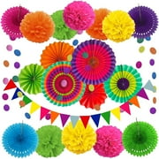 Fangsheng 21 Pcs Party Decoration, Multi-color Hanging Paper Fans, Pom Poms Flowers for Birthday Parties, Wedding Decor, Fiesta or Mexican Party
