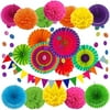 Fangsheng 21 Pcs Party Decoration, Multi-color Hanging Paper Fans, Pom Poms Flowers for Birthday Parties, Wedding Decor, Fiesta or Mexican Party