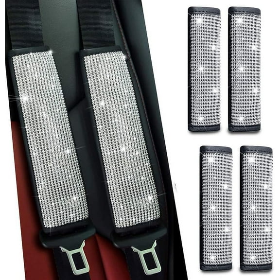 4-Pack Bling Seat Belt Covers,Bling Seat Belt Covers for Womens,Car Seat Belt Strap Cover Shoulder Pad,Universal Car Interior Accessories Fit for Car/Truck/SUV(Silver,4PC)