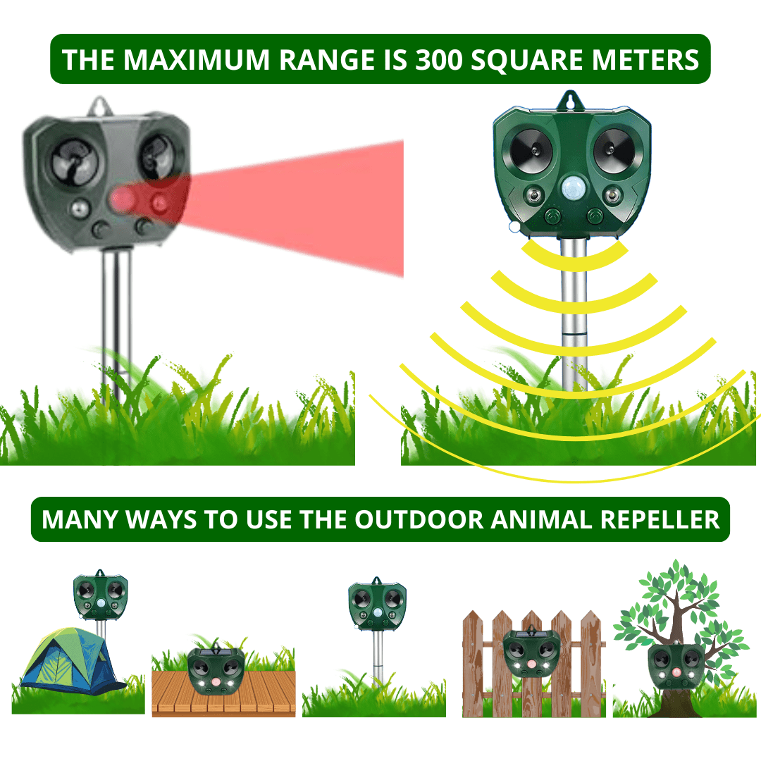 Solar and Ultrasonic Animal Repeller with PIR Sensor. The Upgraded Solar Ultrasonic Animal Repellent is designed to repel unwanted animals from gardens and outdoor areas