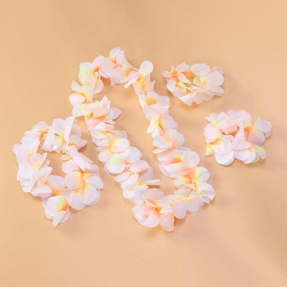 WHAMVOX 4Pcs/ Set Ruffled Simulated Silk Flower Hawaiian Leis Necklace Bracelets Flower Wreath Headband Floral Garland Crown Women Girls Headwear For Luau Party Supplies Favors (White)