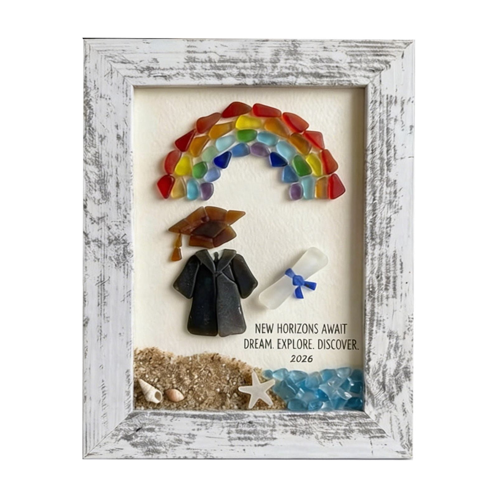 Tusihei 2Pcs Sea Glass Graduation Art, Graduation Keepsake Gift, Graduation Keepsakes Frame with Rainbow Turtle Cap Coastal Decor for Women Men Graduates