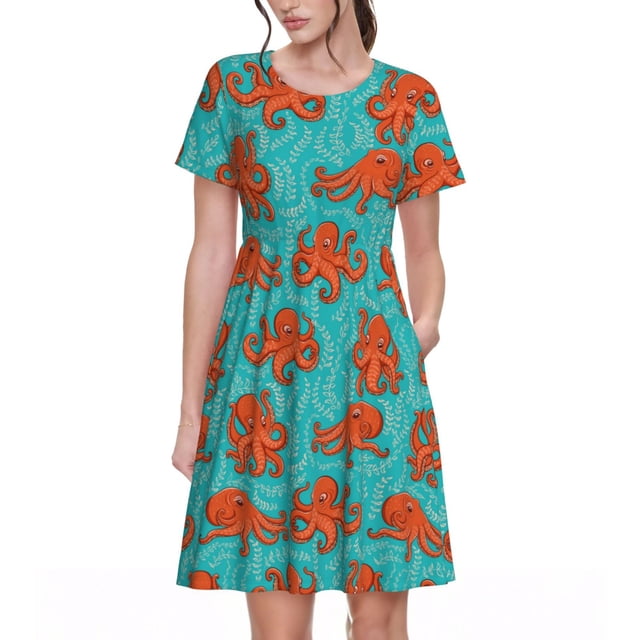 Bingfone Robe à Manches Courtes Imprimé Pieuvre pour Femmes, Robe Décontractée Confortable, Robe d'Été Élégante avec Ajustement Extensible pour Usage Quotidien