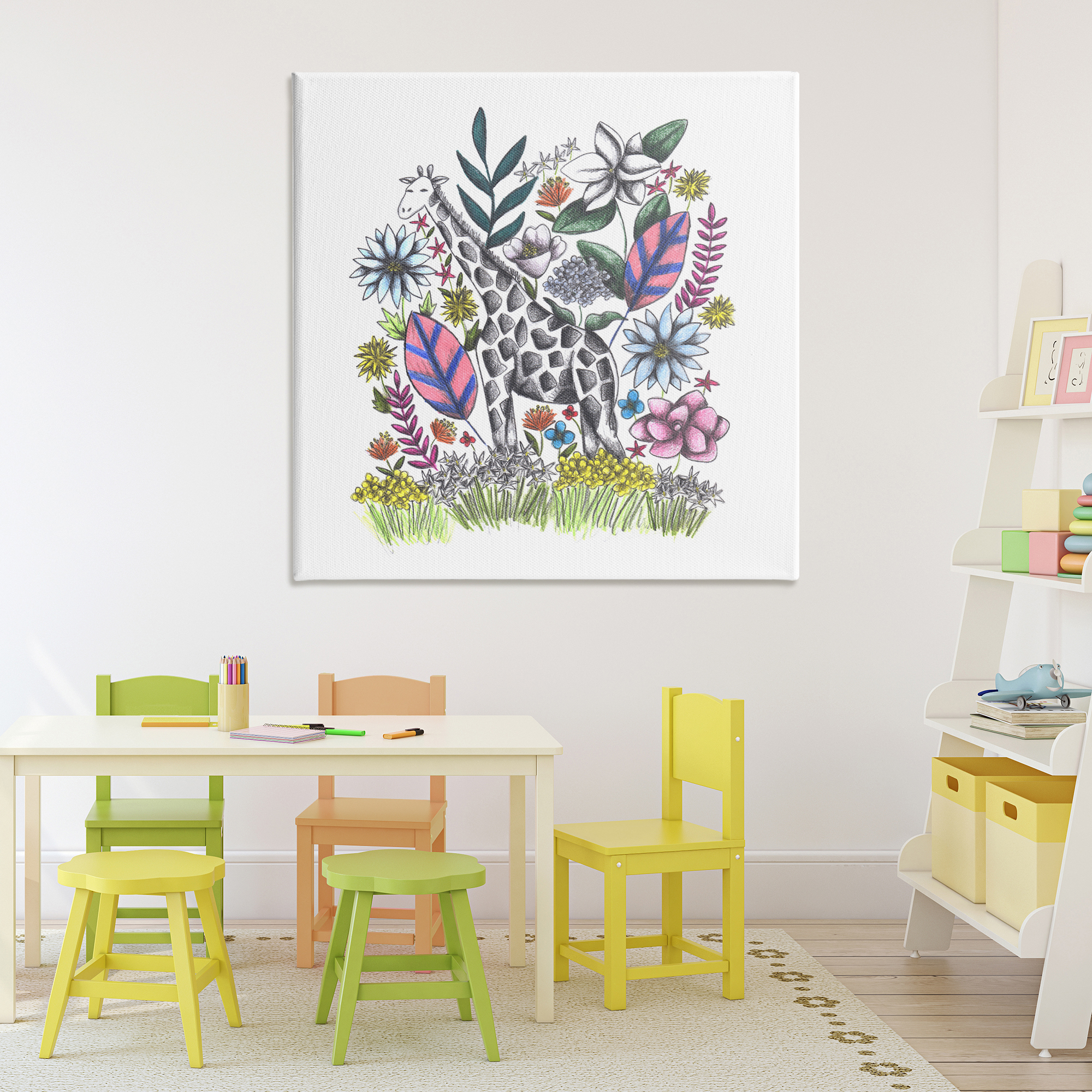 Giraffe in Midst of Flowers Canvas Wall Art, design by Cecilia Battaini