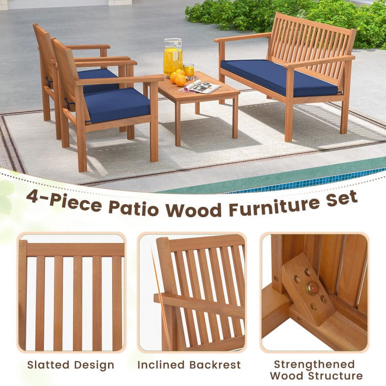 Aimee Lii 4 Pieces Patio Wood Furniture Set Acacia Wood Sofa Set with Loveseat, Patio Furniture Sets, Navy Aimee Lii 4 Pieces Patio Wood Furniture Set Acacia Wood Sofa Set with Loveseat, Patio Furniture Sets, Navy