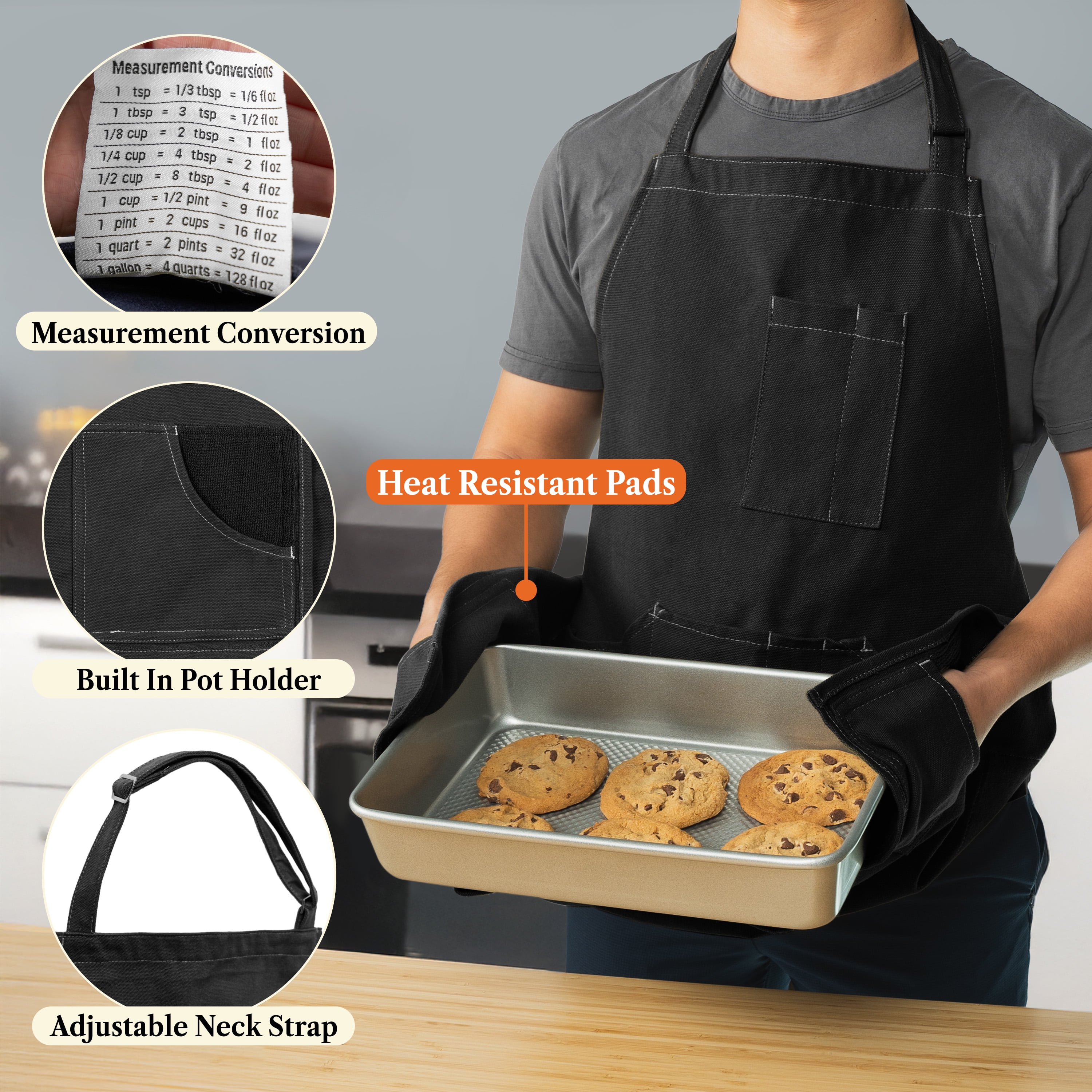 OPUX Chef Apron for Men, Canvas Apron with Pockets for Women, Large BBQ Apron for Kitchen Grilling Baking, Heavy Duty Work Apron with Adjustable Neck Strap for Barber Gardening, Black