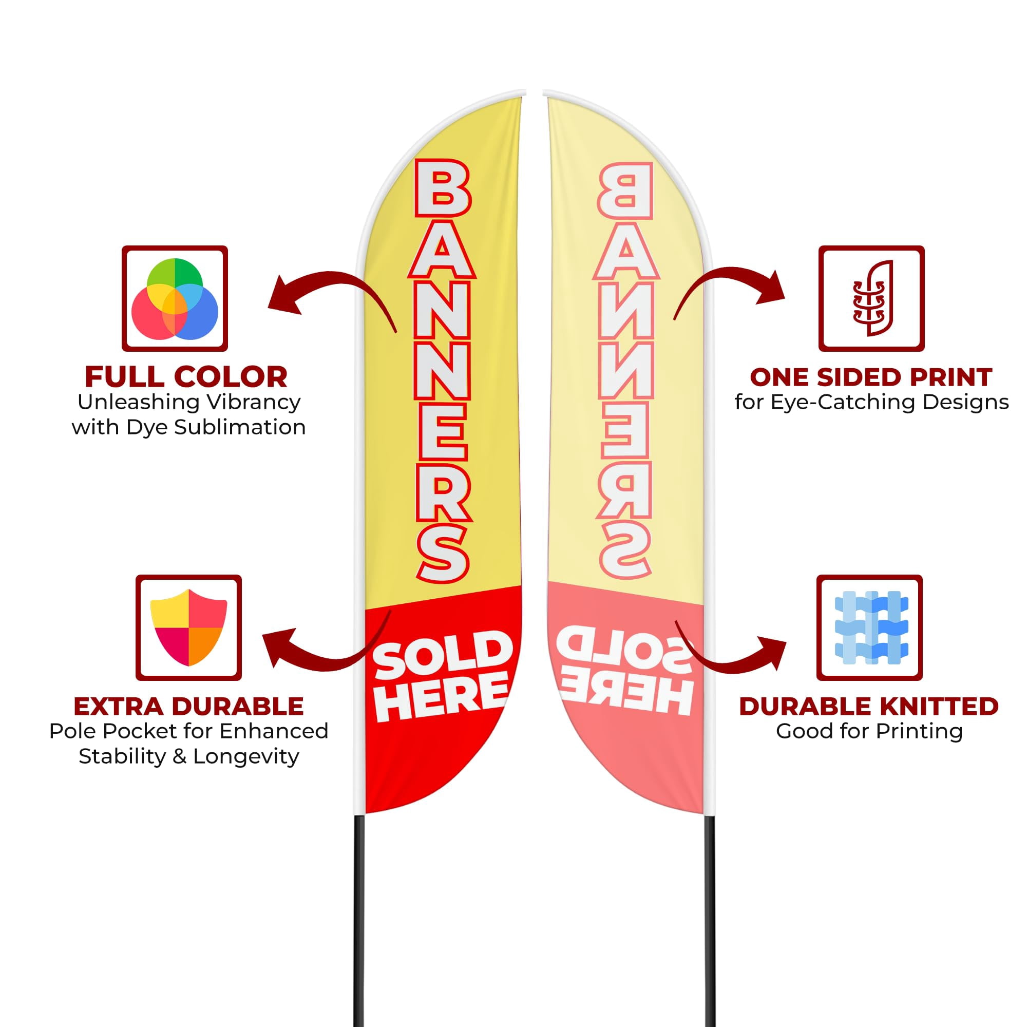 Banners Sold Here Sign feather flag Pole Mount for Outdoor by Mavis Print | 15 FEET Long Polyester Outdoor Banner Flag Pole Kit for Easy Hang | HD Print Swooper Flag Pole Stand for Business Advert