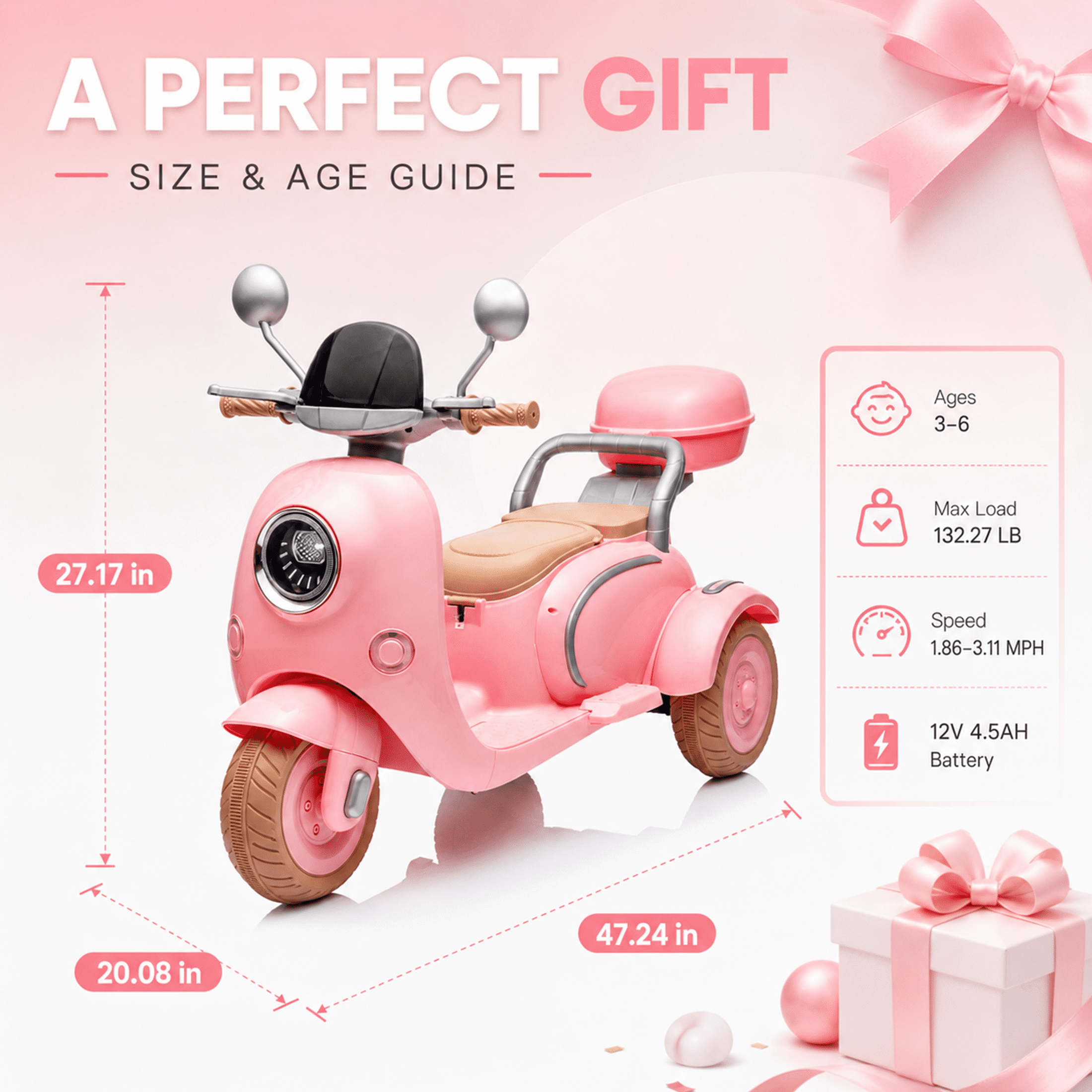 12V Electric Motorcycle for Kids, 2 Seater Battery Power Ride on Motorcycle Toys with Slow Start, LED, Music, USB, 3 Wheel Electric Motorcycle for Boy Girl Birthday Gift, Pink