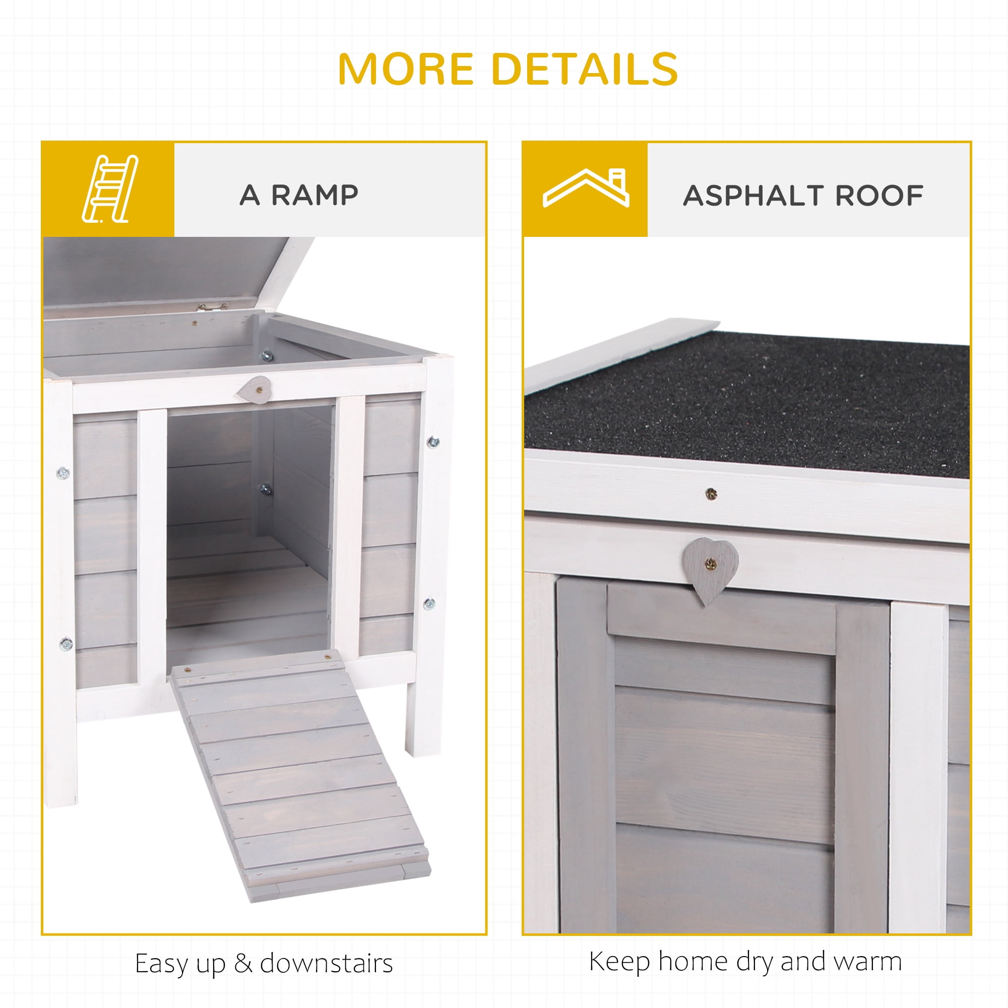 Small Wooden Rabbit Hutch Bunny Guinea Pig Cage with Openable Waterproof Asphalt Roof Raised Bottom Outdoor Small Animal House Gray