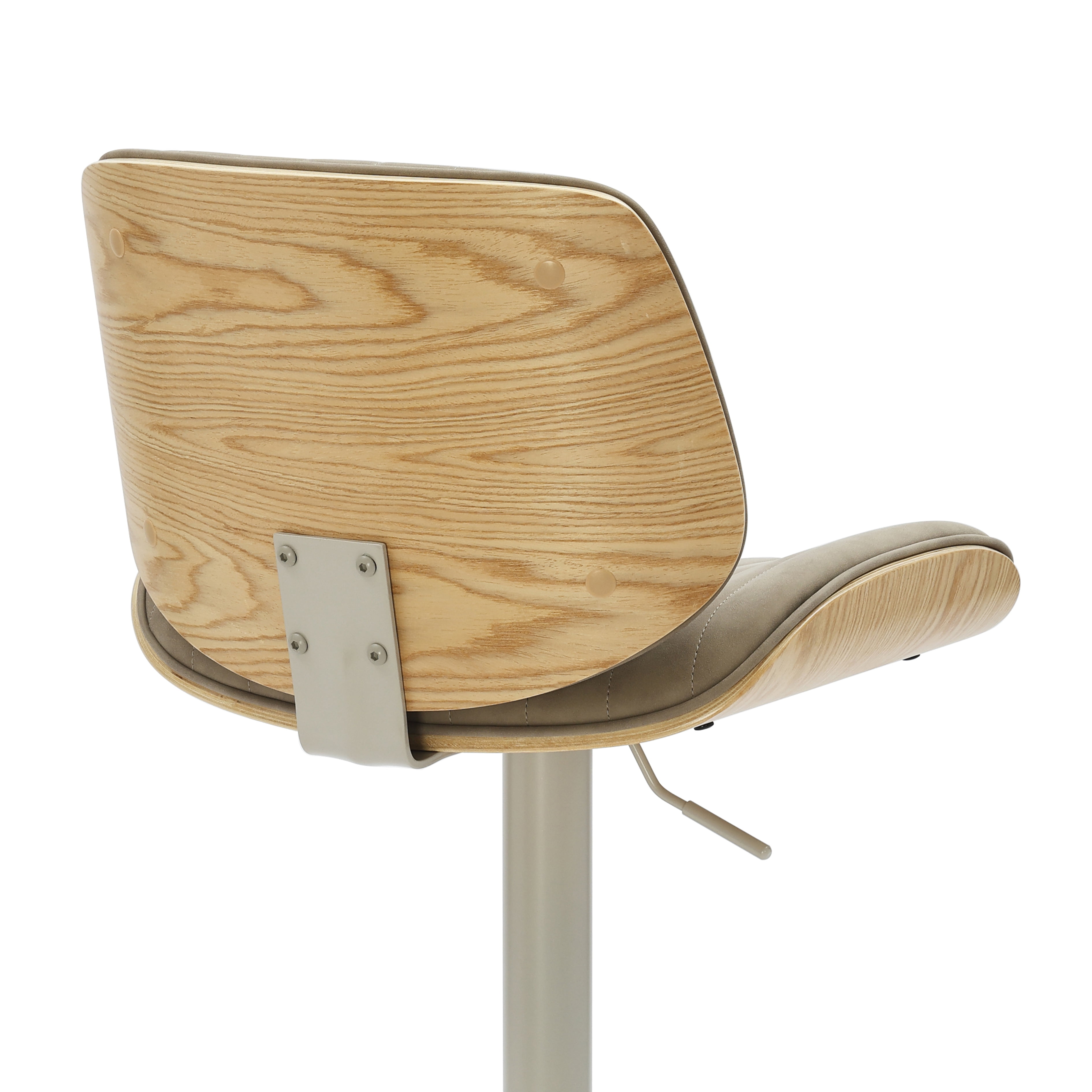 Brock Adjustable Swivel Vintage Taupe Curved Back Wood Bar Stool with Faux Leather Seat