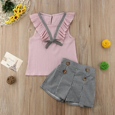 

Toddler Baby Girls Clothes Set Summer Ruffle Sleeveless Tops T-Shirt Plaids Shorts Girl Clothing OL Cute 2Pcs 2-7 Years
