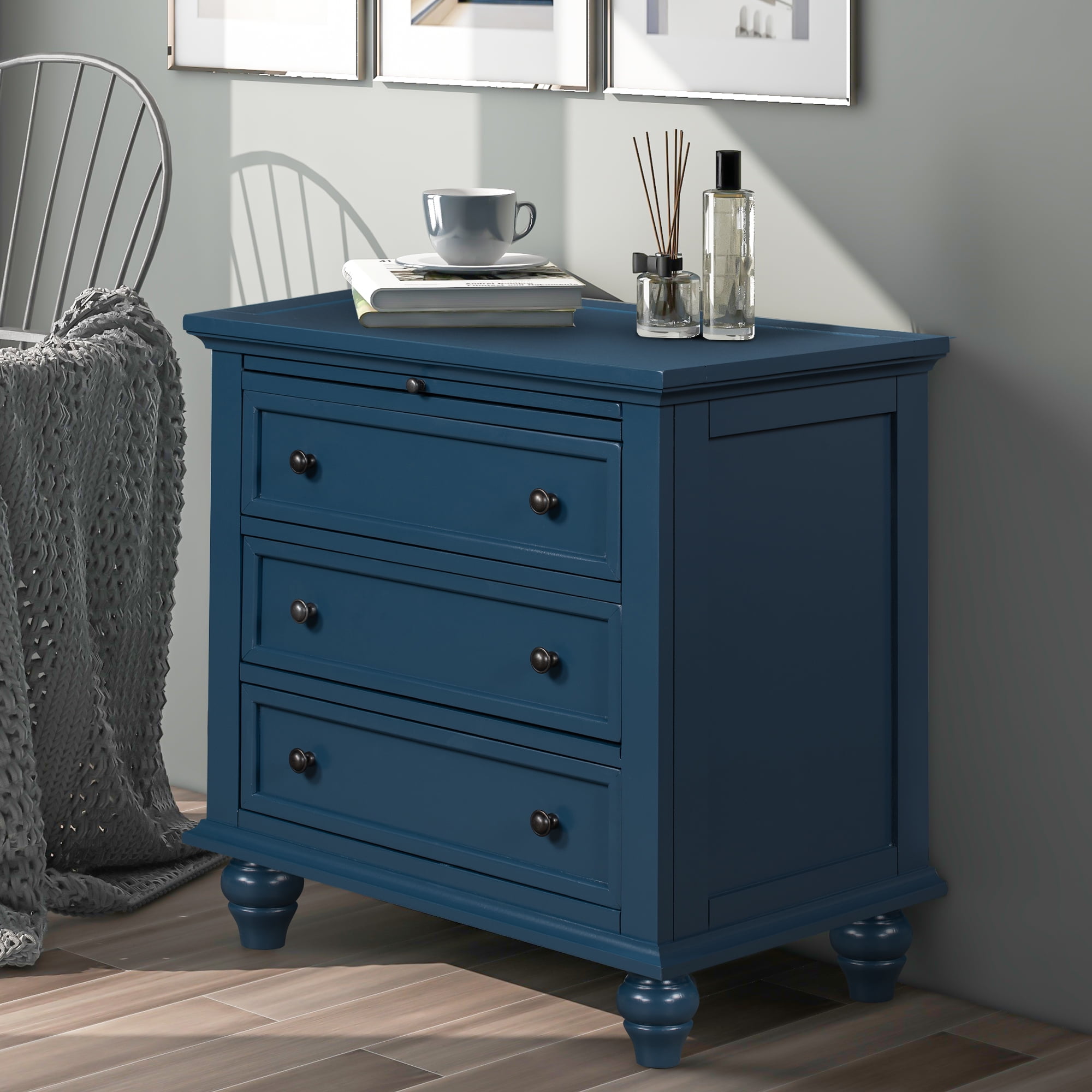EUROCO 28'' Oversized Nightstand, Bedside Dresser End Table with Pull out Tray,3 Drawers, Rubber Wood Legs and Solid Frame for Living Room, Bedroom, Entryway, Blue