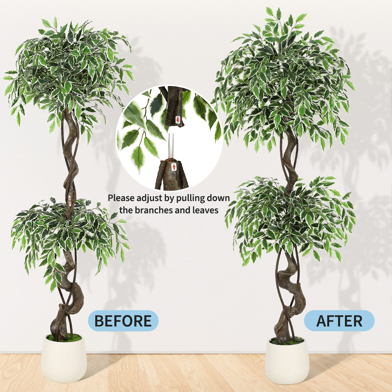Lifelike Artificial Ficus Tree – Real Wood Trunk, White Ceramic Planter, Decorative Pebbles & Green Moss, Low Maintenance Faux Indoor/Outdoor Floor Plant for Home or Office – 150cm
