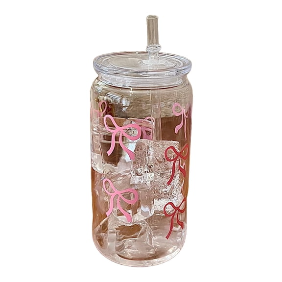 OIUR Water Cup Cute Bow Prints Mason Jar Shaped Water Bottle 500ml BPA-Free Reusable Tumbler for Coffee Juice