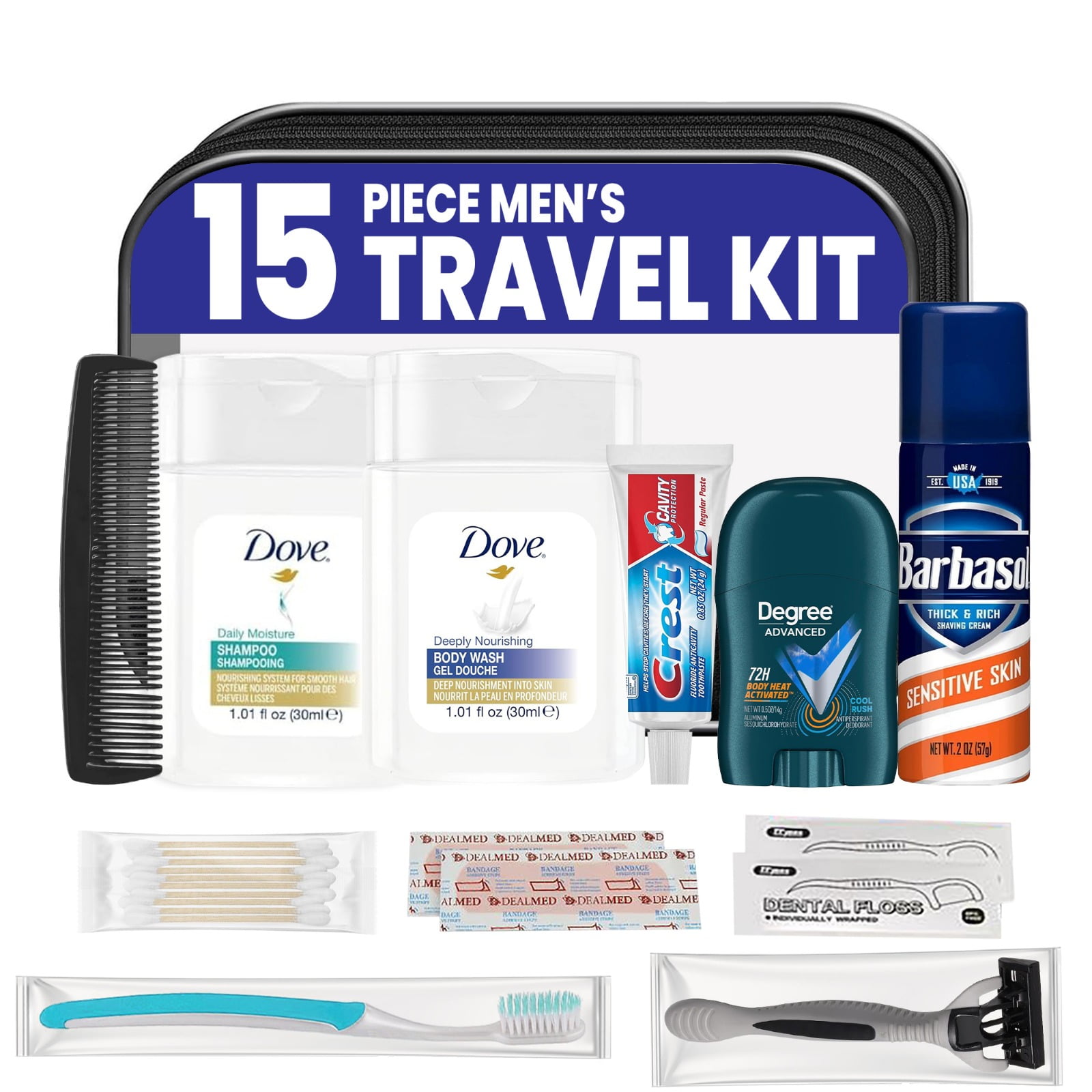 Trektote Travel Toiletry Kit For Men of Travel Size Toiletries, TSA Compliant, Includes Shampoo And Conditioner, Travel Size Shave Cream, Reusable Toiletry Bag & More (50 Pack)