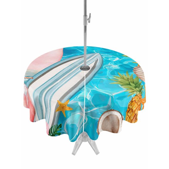 Outdoor Tablecloth with Umbrella Hole for Patio/Picnic/Party/Camping, Coastal Beach Waterproof Table Cloth Round Cover Washable, Summer Tropical Plants Ocean Sea Waves Blue (Dia 60")