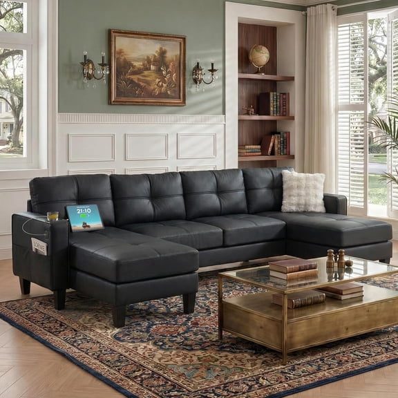 LAZZO 116" U-Shaped Sectional Sofa, Modern Tufted Couch with Chaise, USB Ports and Cup Holders for Living Room, Black