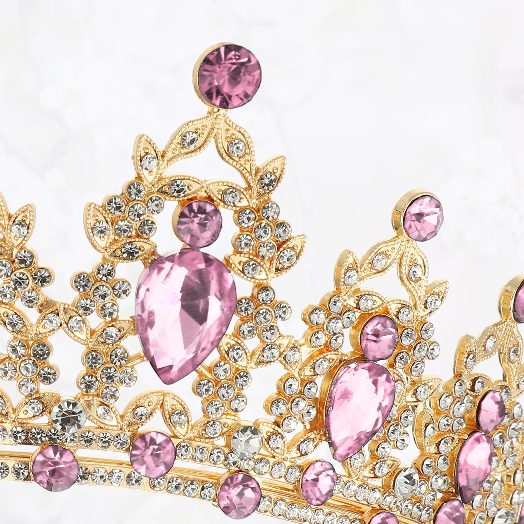 Unique Bargains Women Faux Crystal Queen Crown Tiara Rhinestone Gold Tone Light Pink