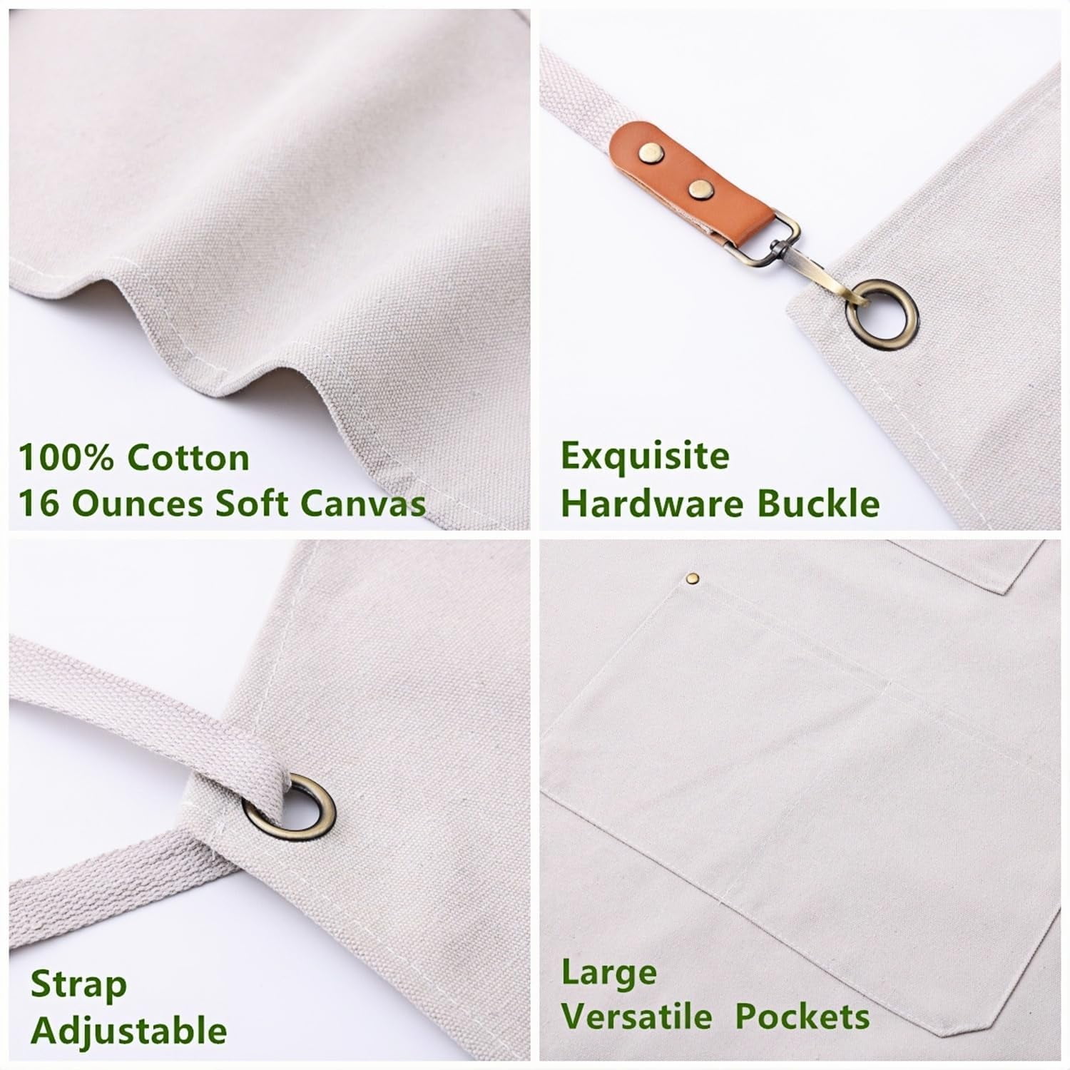 Chef Apron Medium-Thick Cotton Canvas,Cross Back with Multiple Pockets Adjustable Work Apron for Men and Women (Beige)