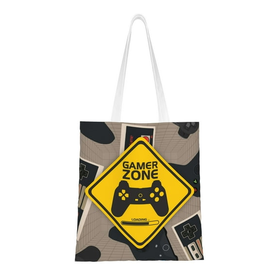 DouZhe Reusable Grocery Bags, Gamer Zone Game Controller Lightweight Polyester Canvas Cloth Tote Bag for Travle Gym Shopping School, 15" x 16"