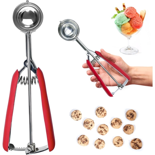 Cuillère à Biscuits pour la Cuisson, Cuillère à Crème Glacée, Cuillère à Biscuits en Acier Inoxydable 1 Cuillère à Soupe, Conception à Poignées en Caoutchouc Rouges, Durable et Sans Effort, pour Crème Glacée, Boule à Melon et Cuillère à Pâte à Biscuits (60# Petit).
