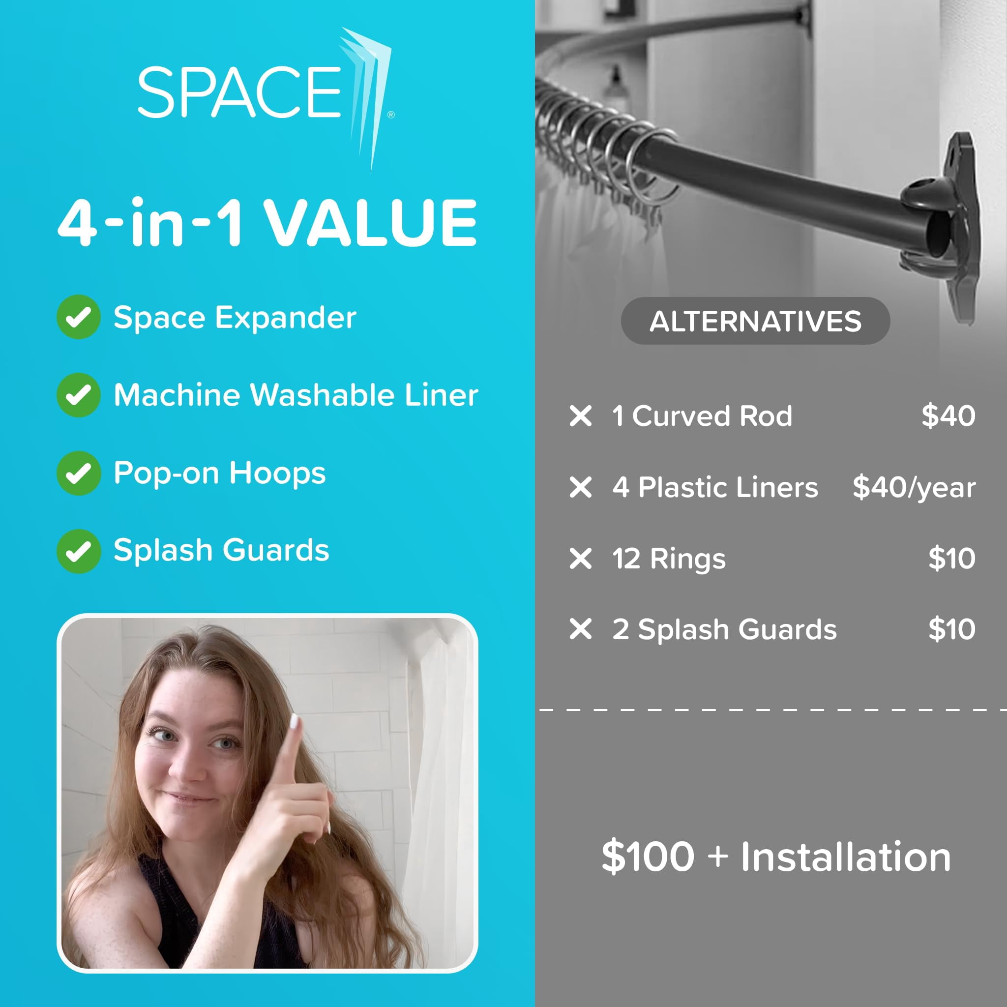 SPACE Expandy Shower. 4-in-1 Set: Folding Expander + Pop-on Hoops + Machine Washable Shower Curtain Liner + Splash Guards. Fits Rods up to 60”W
