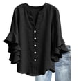 thumbnail image 3 of LangJing Women's Cotton Linen Blouse Ruffle 3/4 Sleeve Button Down Shirts Dressy Casual Loose Fit Summer V Neck Tunic Tops Black,S, 3 of 7