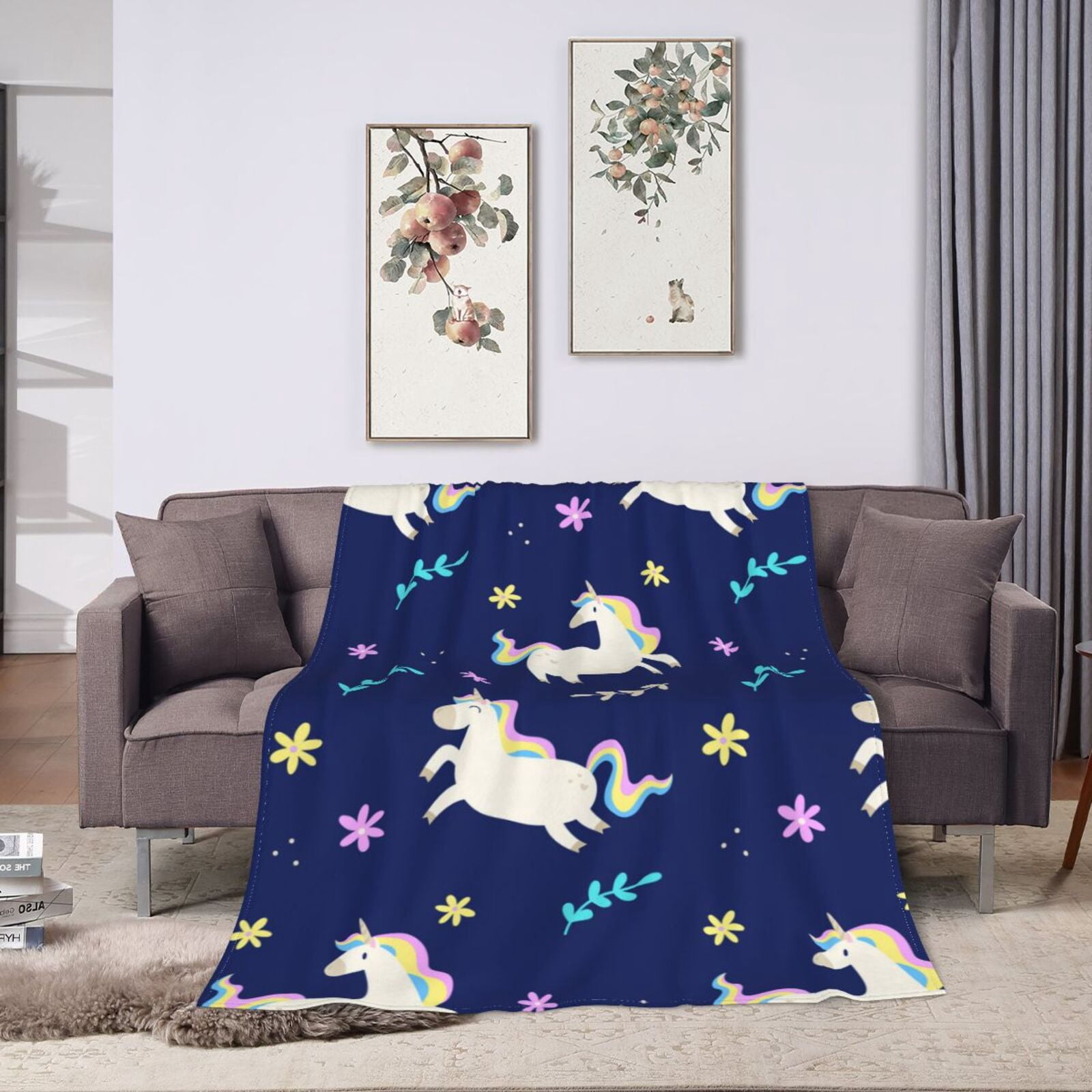 ZNDUO Unicorn Leaves Blue Pattern Throw Blanket, Lightweight Cozy Soft ...