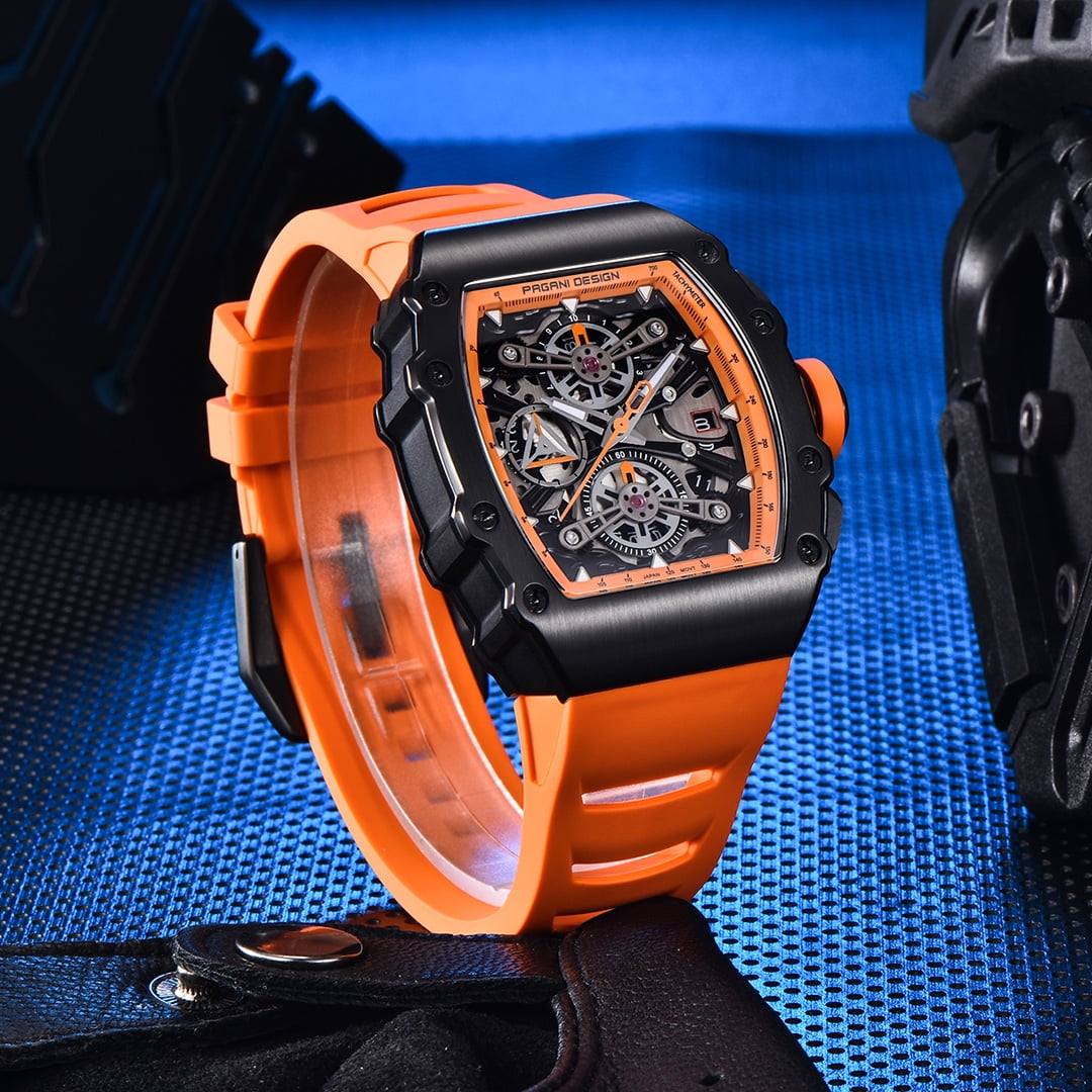 PAGANI DESIGN Men's Quartz Watches Chronograph Tonneau Stainless Steel Sports Wrist Watches for Men Synthetic Sapphire Dial Glass