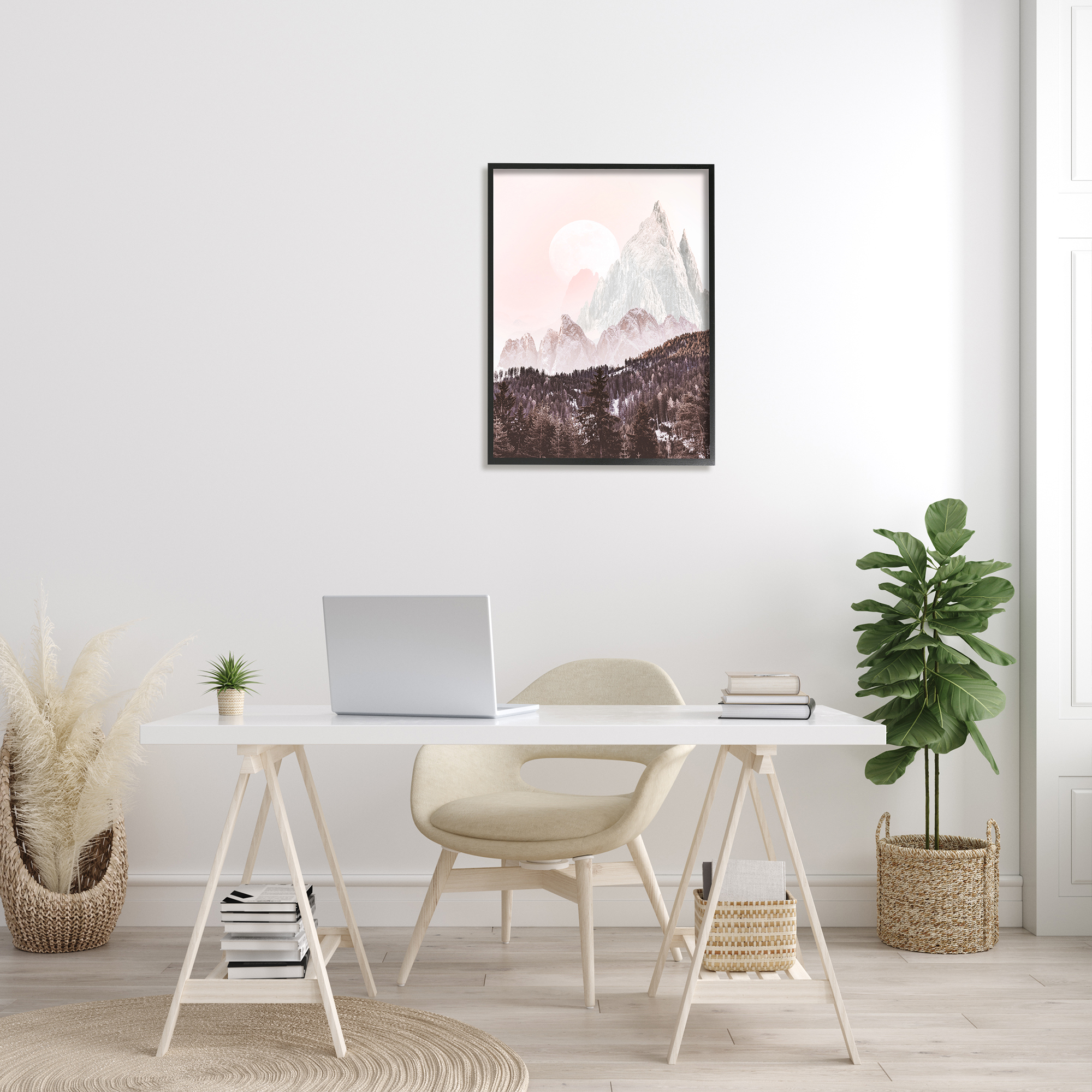 Stupell Industries Mountain Peak Tree Forest Landscape Monochromatic Sun Photography Black Framed Art Print Wall Art, 24x30, by Ziwei Li