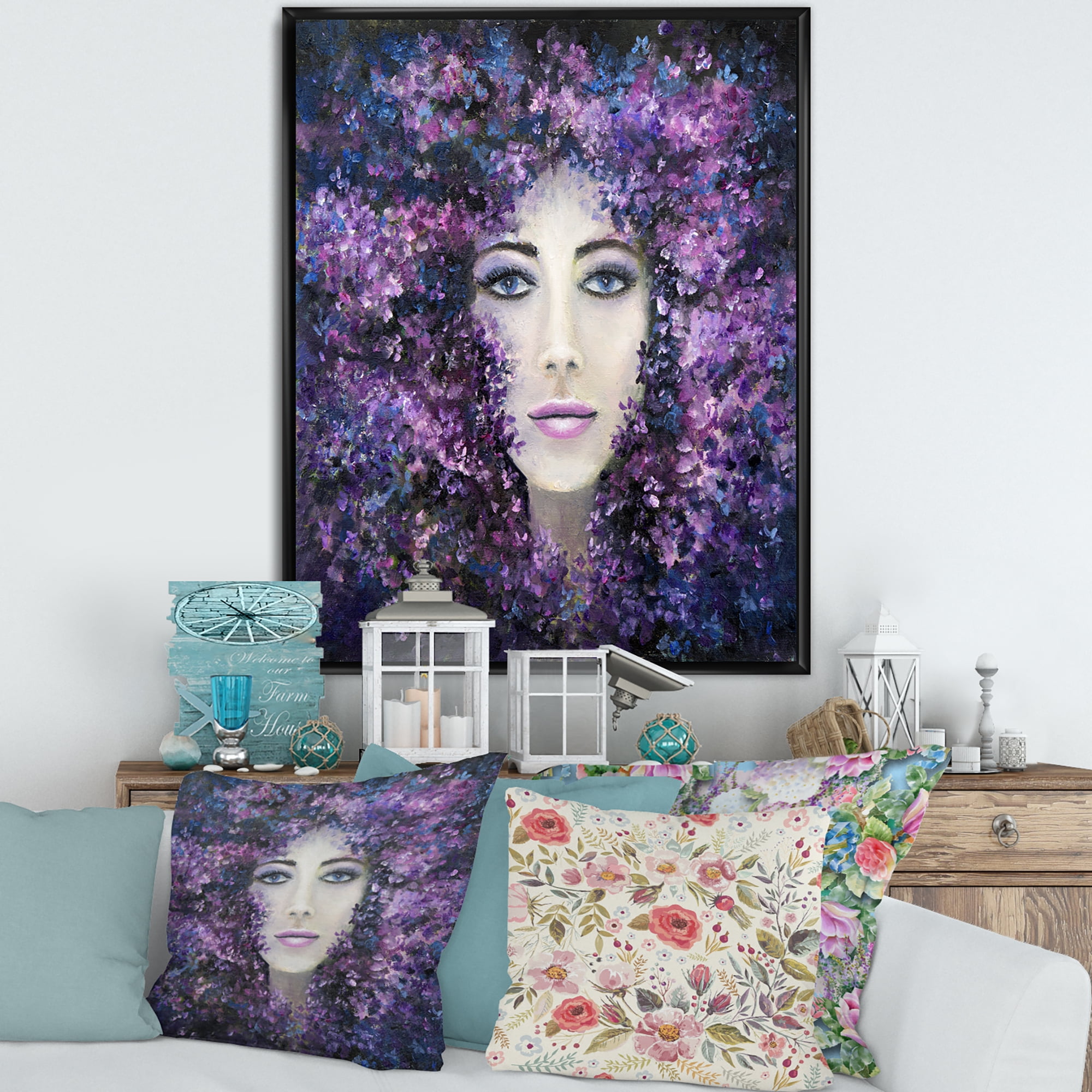 Designart 'Portrait of A Lady With Purple Lavender Flowers' Modern Framed Canvas Wall Art Print