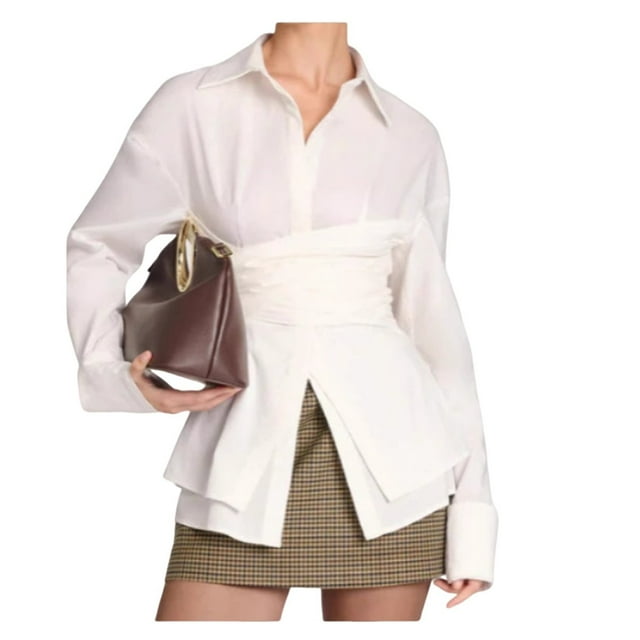Blusa Informal de Mujer con Botones Al Frente, Cuello en V, Larga, Diseño Cruzado con Lazo, Ideal para el Trabajo Top Corto Elegante M