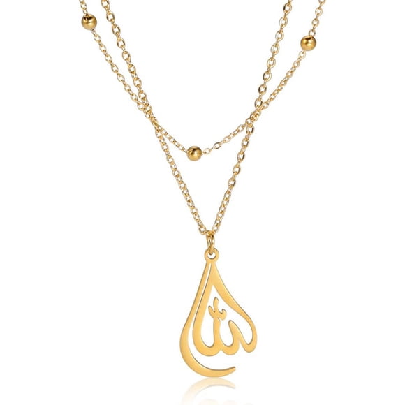 LAICAIW Islamic Muslim Allah Layered Necklaces For Women Stainless Steel Charm Water Drop Heart Shape Allah Pendant Double Layer Necklace Islamic Jewelry