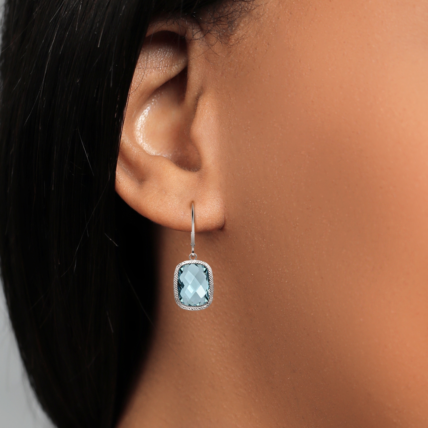 Gem Stone King 4.60 Cttw Simulated Aquamarine Leverback Dangle Earrings for Women | 925 Sterling Silver | 13X9MM Cushion Checkerboard Cut | Fine Jewelry Gifts for Women Mom Wife Her