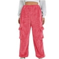 thumbnail image 2 of qolati Fuzzy Fleece Cargo Sweatpants Women High Elastic Waisted Lounge Pajama Yoga Pants 2024 Fall Winter Baggy Casual Cinch Bottom Trousers with Pockets, 2 of 7