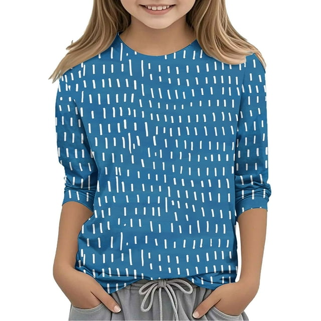 SERTG Hauts Mignons pour Enfant Printemps Automne Été Manches 3/4 Col Rond T-Shirt Mignon pour Sortir Mode Imprimé Manches Mi-Longues Tenues 3-12 Ans (Bleu2,4 Ans)