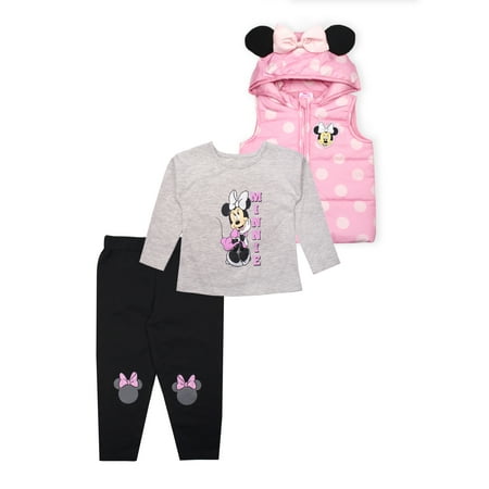 Disney Minnie Mouse Baby Girl Puffer Vest, Long Sleeve Shirt, & Pants, 3pc Outfit Set