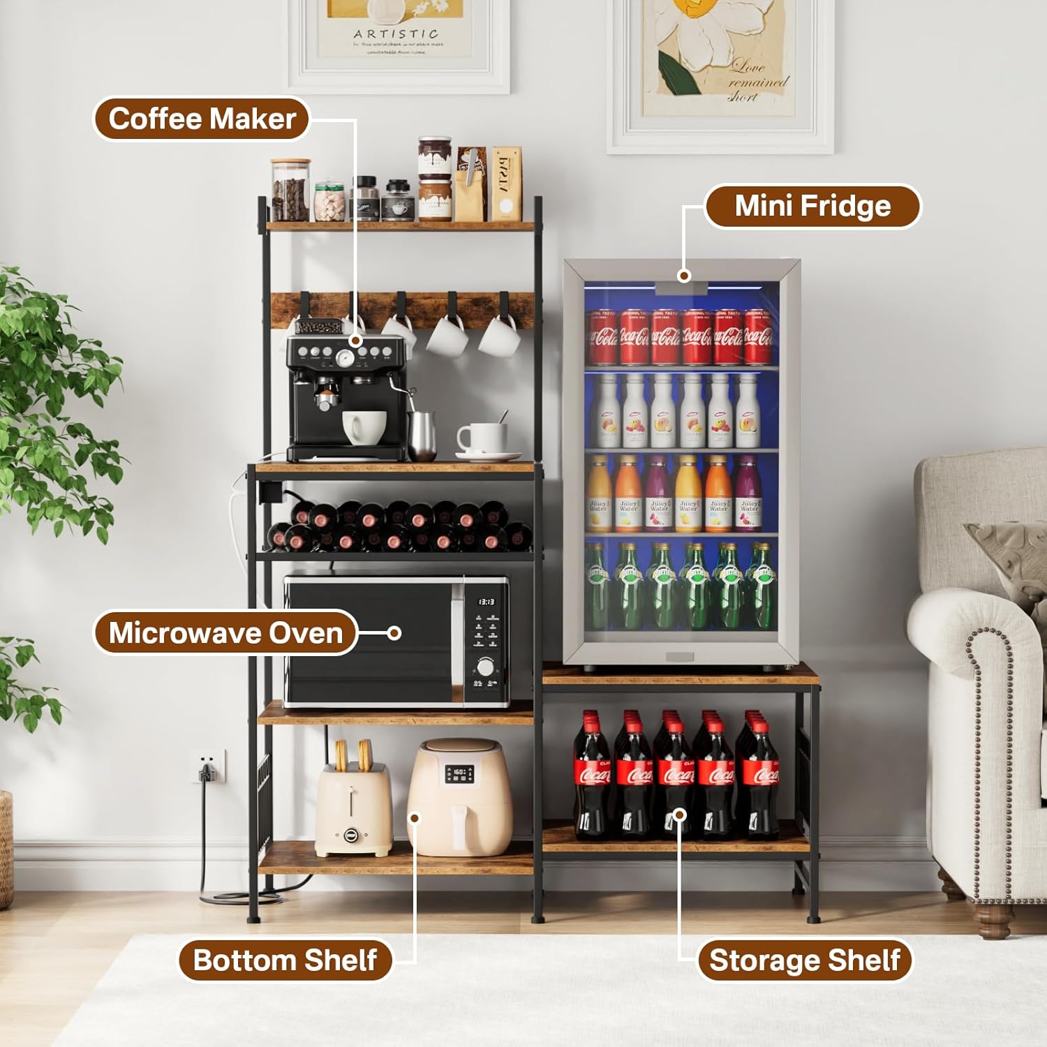 Kitchen Shelf Bakers Rack with Power Outlet, Mini Fridge and Microwave Stand Coffee Bar Table with S-Hooks, Storage Shelf Rack for Spices, Pots and Pans - Rustic Brown