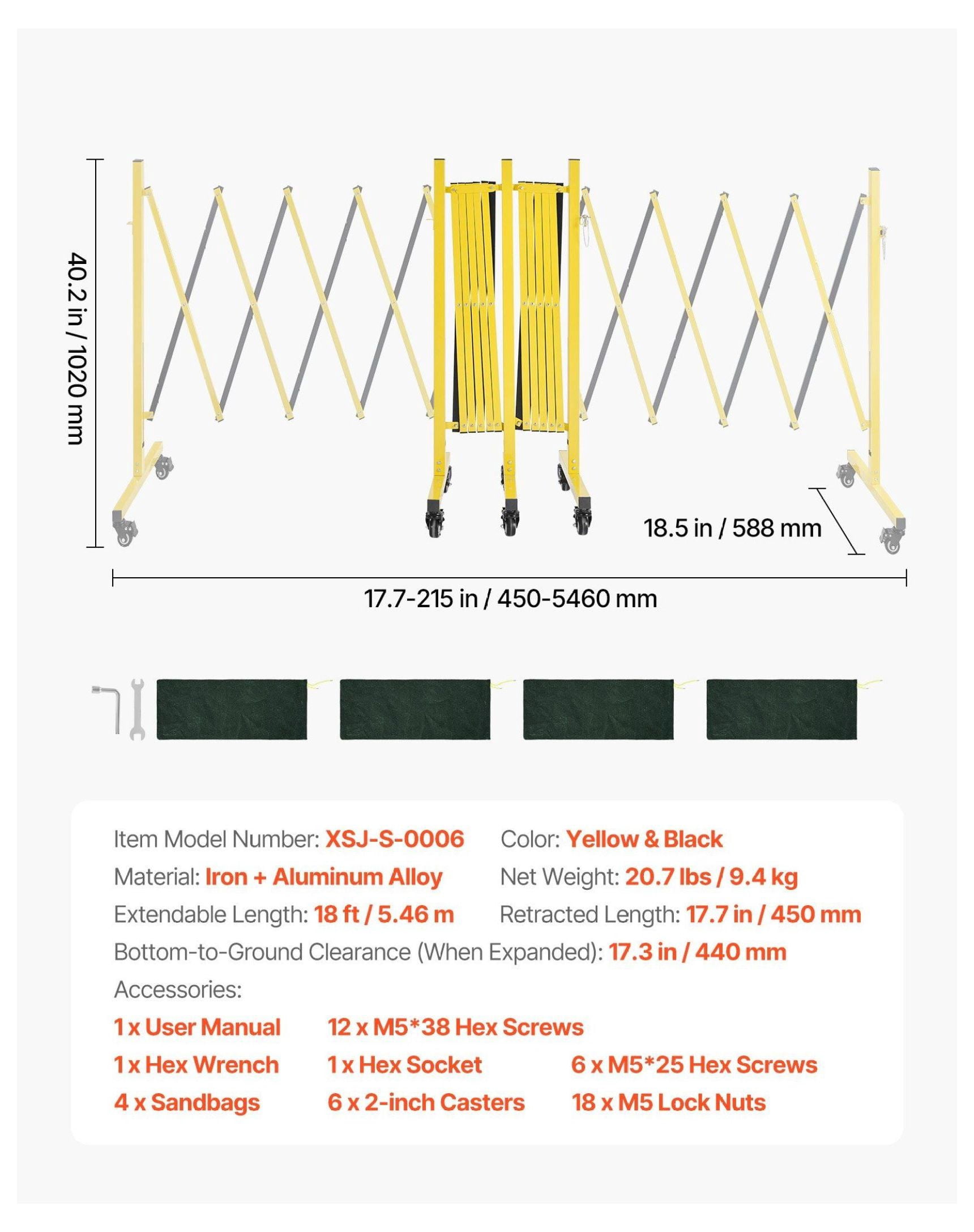 18FT Expandable Barricade, Industrial Safety Barrier, Mobile Folding Gate with Casters - Metal Traffic Fence for Warehouse, Construction, Driveway