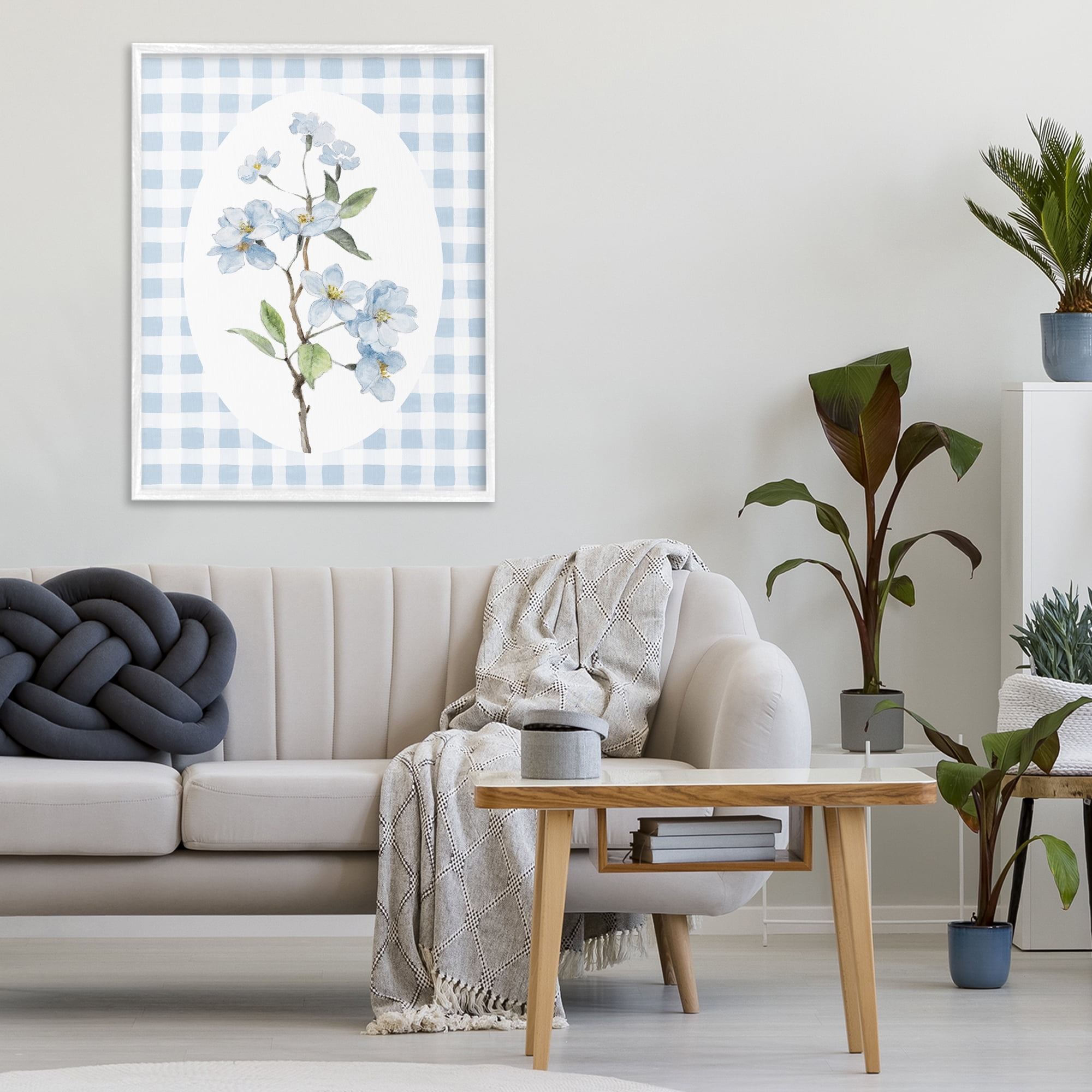 Stupell Industries Blooms on Blue Checkers White Framed Giclee Art, design by Lanie Loreth