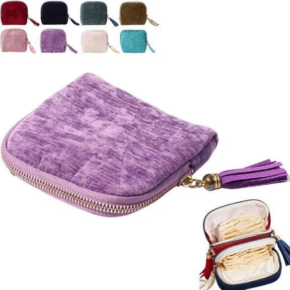 Jewelry Zippered Pocket Case Travel Storage Organizer, Velvet Multi-Layer Tangle-Free Pouch for Necklaces Earrings Rings